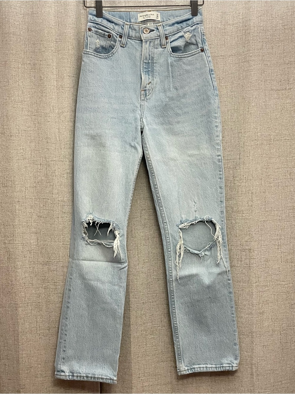 Abercrombie & Fitch Curve Love Light Blue Straight-Leg Distressed Jeans